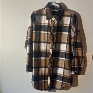 Plaid Button-Up Shirt - Black, Brown, and White